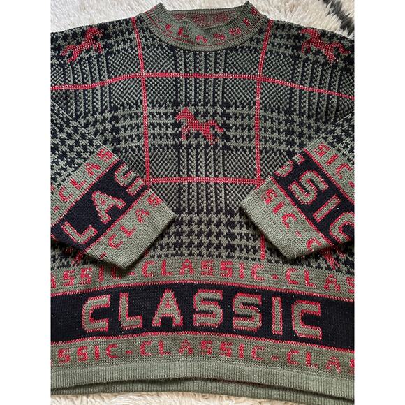 Vintage Knit Sweater green CLASSIC horse plaid Equestrian 80s - Picture 7 of 16